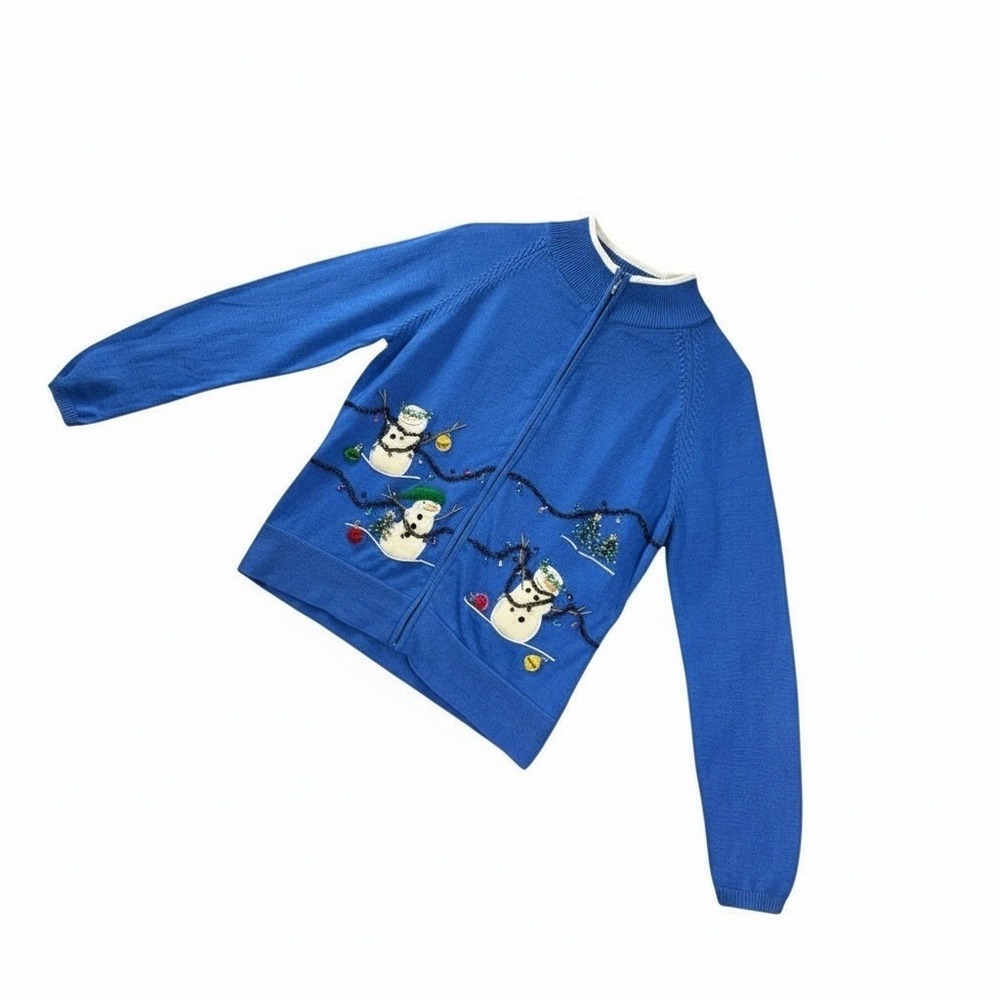 Vtg‎ Dressbarn Womens Christmas Cardigan S Blue Snowman Beaded Knit Ugly Sweater - Picture 2 of 10